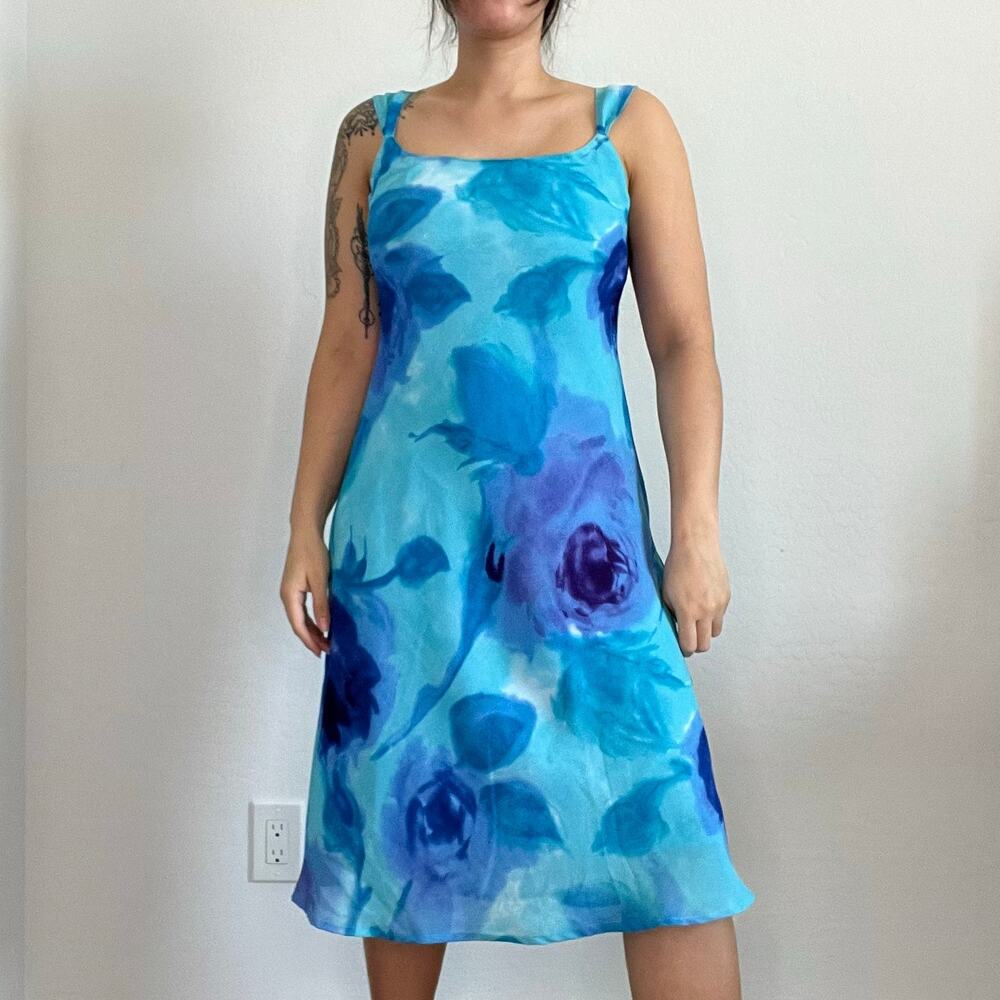 Megan Elisse Blue Watercolor Floral Slip Dress Sz 5‎ Y2K 90s Midi Made in USA - Picture 3 of 11